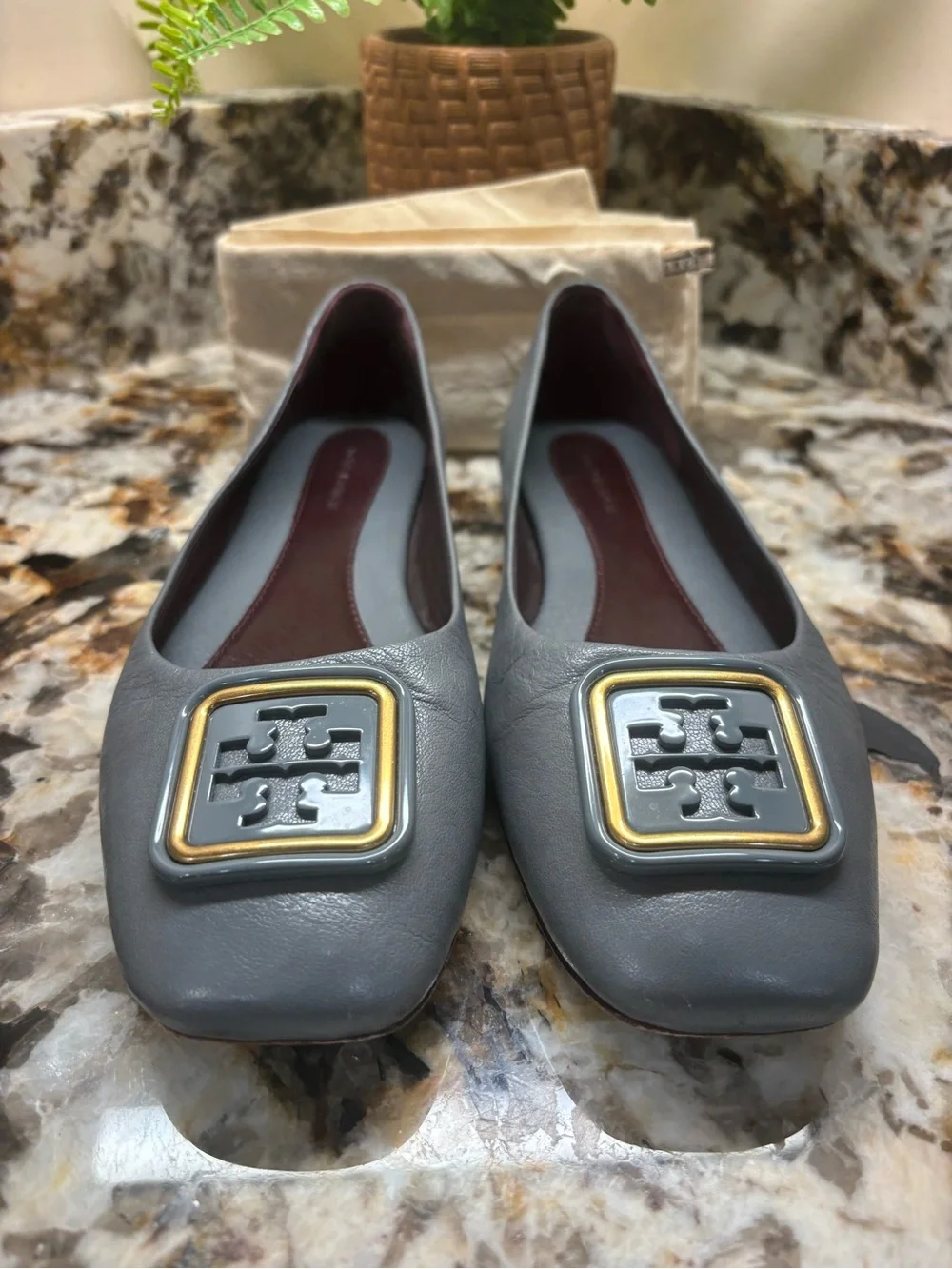 Tory Burch Gray Leather Logo Ballet Flats with Gold-Tone Accent